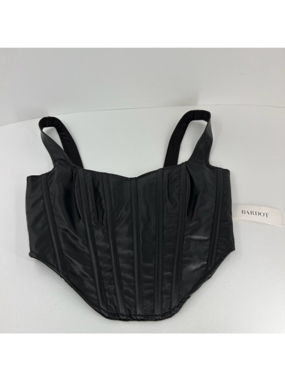 Bardot Faux Leather Corset Bustier Top Women 4 Boned Back Zip Cropped Cami Black - Picture 3 of 13